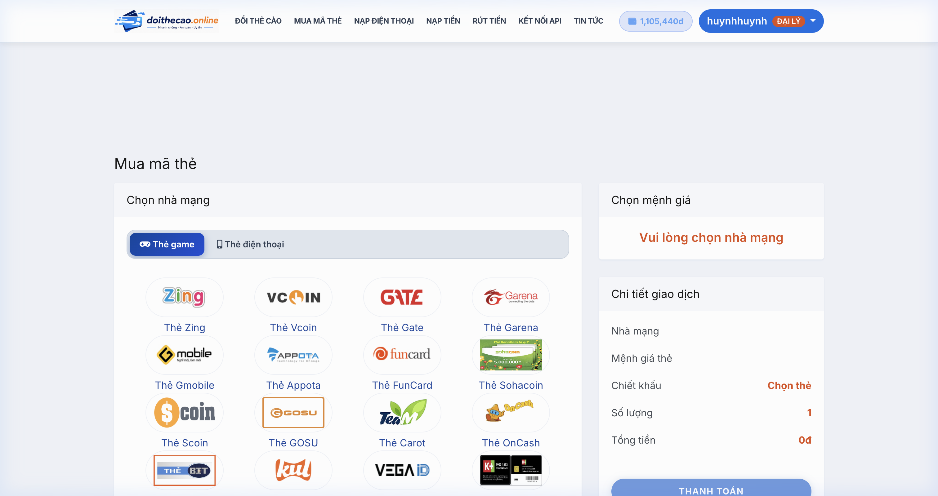 Hướng dẫn mua thẻ Garena bước 3 chọn mệnh giá và số lượng
